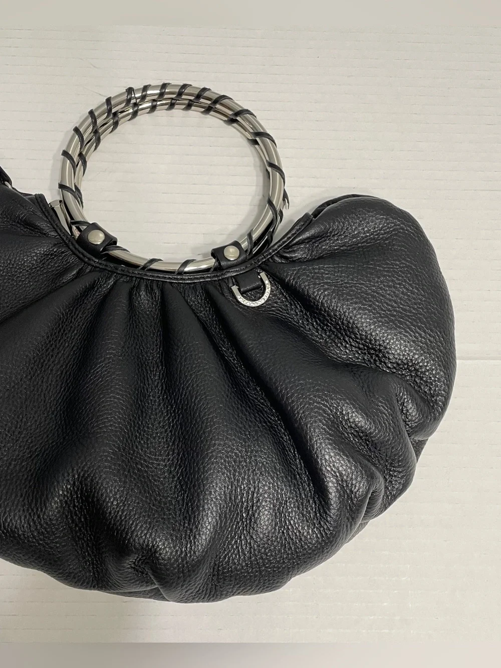Vintage Babee D Black Leather Ring-Handle hobo bag handbag boho western